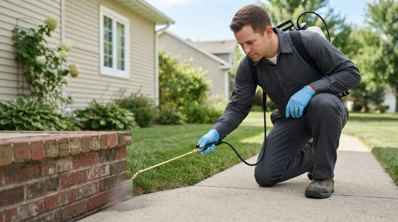 Pest control technician treating a home near Moran, MI