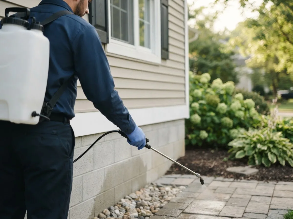Pest control technician inspecting a home in Moran, MI